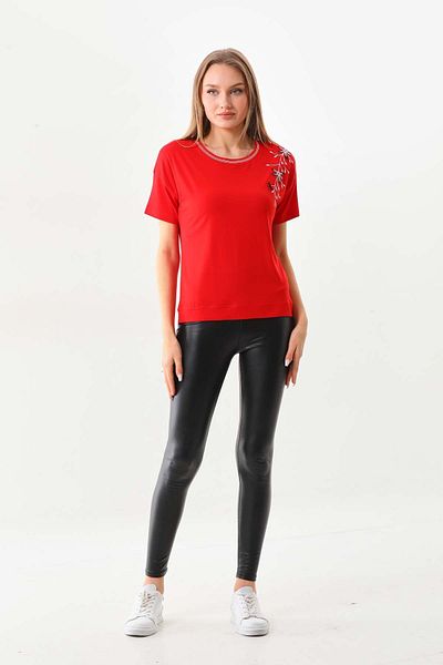 Sistas Women's Floral Embroidered Short Sleeve Blouse 23114 Red