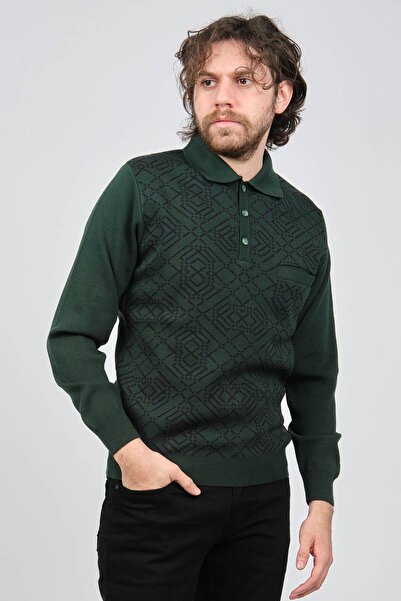Ateş Triko Men's Pocket Detailed Polo Neck Patterned Wool Sweater 6092097 Green