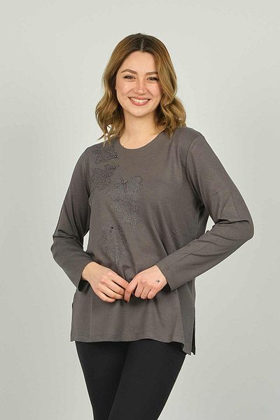 Detay Triko Women's Crew Neck Patterned Long Sleeve Blouse 4595 Gray