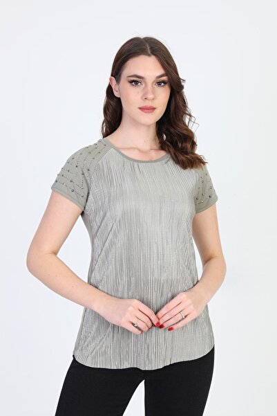 ELLA CAMELIA Γυναικεία Μπλούζα με Λεπτομέρεια Πέτρα Ώμου 18e013 Χακί