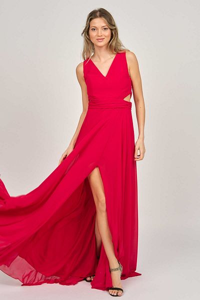 DORİDORCA Women's Wide Strap Chiffon Evening Dress 5922058 Red