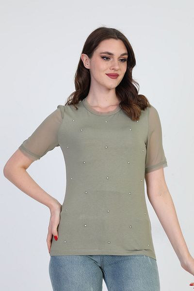 ELLA CAMELIA Women's Stone Detailed Blouse 19e056 Khaki