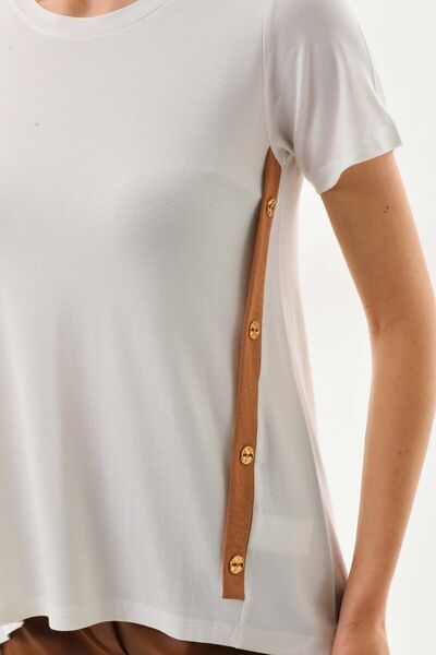 Sistas Women's Button and Stripe Detailed Short Sleeve Blouse 23119 Ecru-Camel