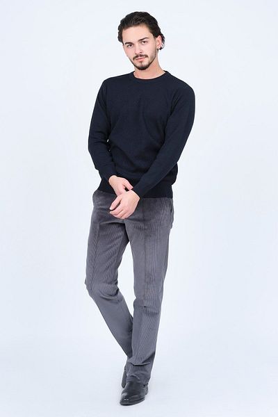 Woolen World Мъжки плетен вълнен пуловер с кръгло деколте 5596820, тъмносин