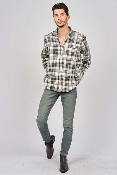 De Leone Men's Striped Long Sleeve Wool Finished Shirt 0171102 Ecru