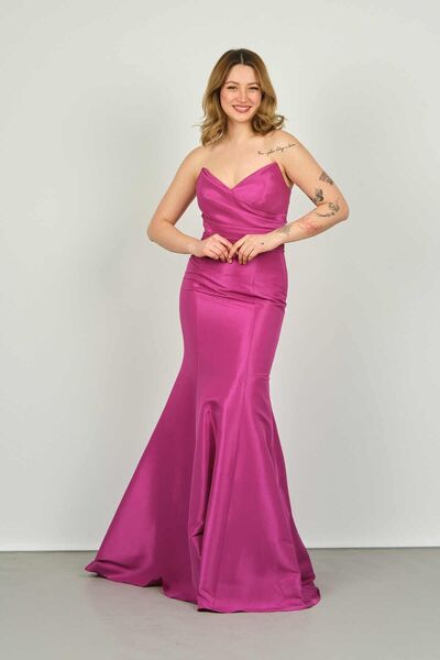 ŞEREF VURAL Women's Strapless Fish Form Taffeta Evening Dress 8243 Fuchsia