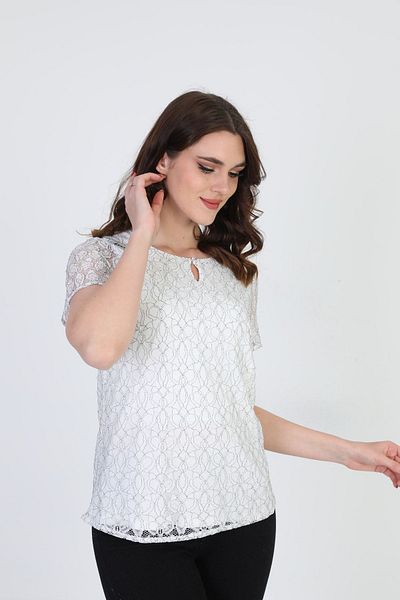 ELLA CAMELIA Women's Lace Patterned Blouse 19e064 Ecru