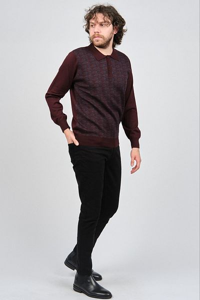 Woolman Men's Patterned Polo Neck Wool Sweater 1572001 Claret Red