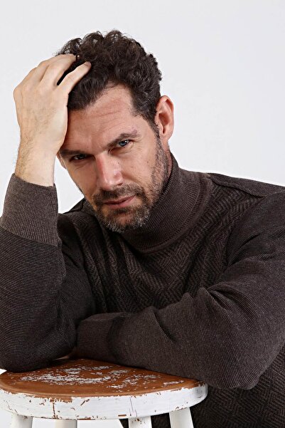Çizgi Triko Men's Full Turtleneck Knitwear Sweater 4604e Brown