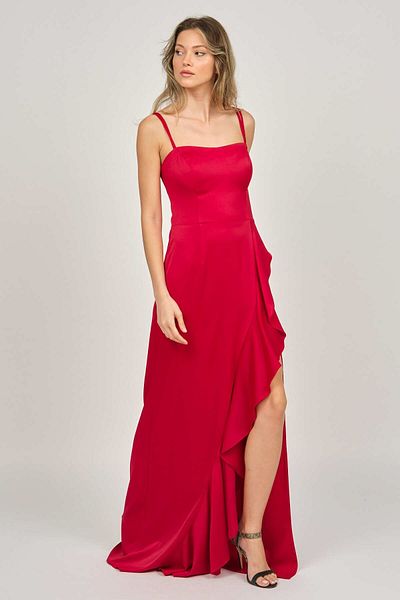 DORİDORCA Women's Flounce Deep Slit Evening Dress 5922010 Red