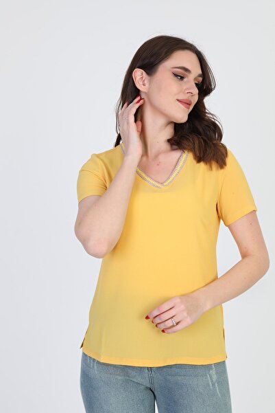 ELLA CAMELIA Ženska bluza sa izvezenim ovratnikom 9e013 žuta