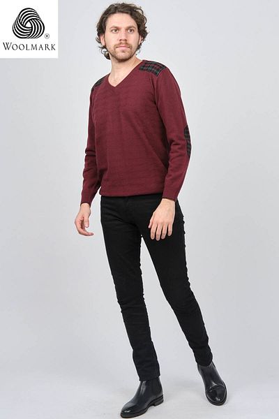 Desen Triko Men's V-Neck Pure Wool Sweater 0246538 Claret Red