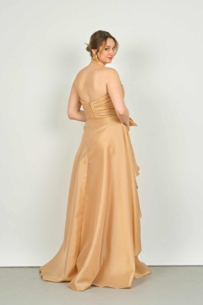 Maxra Govana Women's Strapless Waist Part Embroidered Ruffle Detailed Long Evening Dress 6581 Gold