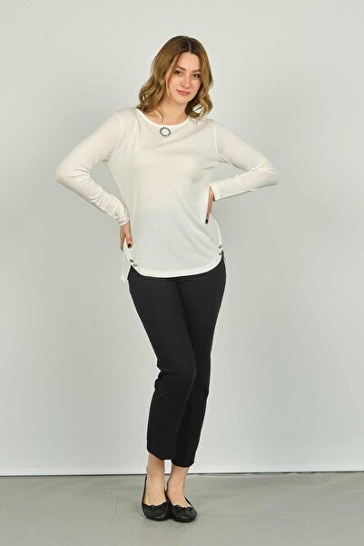 Sistas Women's Ornamental Buttoned Long Sleeve Blouse 23538 Ecru