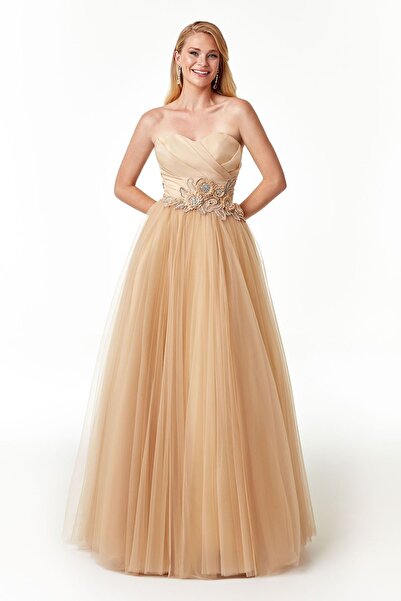 ÖMÜR INN Kadın Straplez Uzun Abiye Elbise 23719 Gold