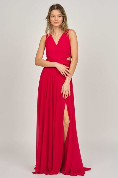 DORİDORCA Kadın Geniş Askılı Şifon Abiye Elbise 5922058 Kırmızı