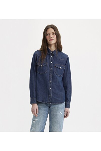 Levi's Women's Plain Blue Shirt Collar Long Sleeve Shirt