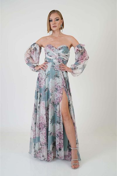 Carmen Women's Strapless Slit Printed Evening Dress 58301 Çağla