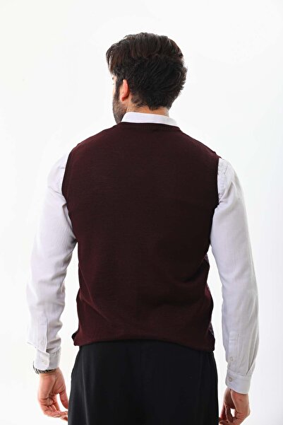 Pelikan Men's V-Neck Patterned Wool Sweater 4P17 Claret Red