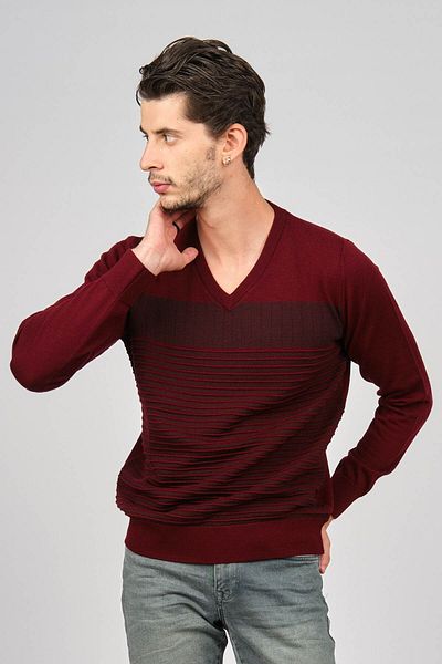 Desen Triko Pulover de lână cu model cu decolteu în V pentru bărbați 0249640 Roșu Claret