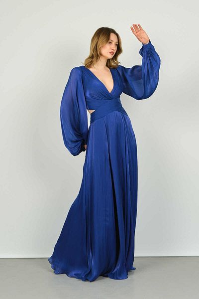 ŞEREF VURAL Women's V-Neck Back Tie Detailed Balloon Sleeve Evening Dress 8217 Saks