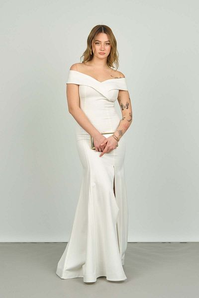 ESCOLL Women's Shawl Collar Slit Fish Form Evening Dress 1389 Ecru