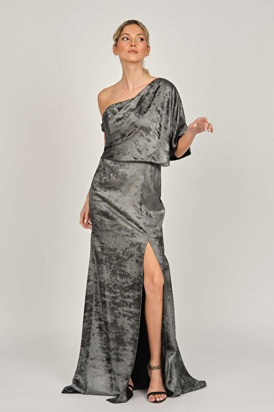 Maxra Govana Kadın Tek Omuz Kadife Abiye Elbise 47755135 Gümüş