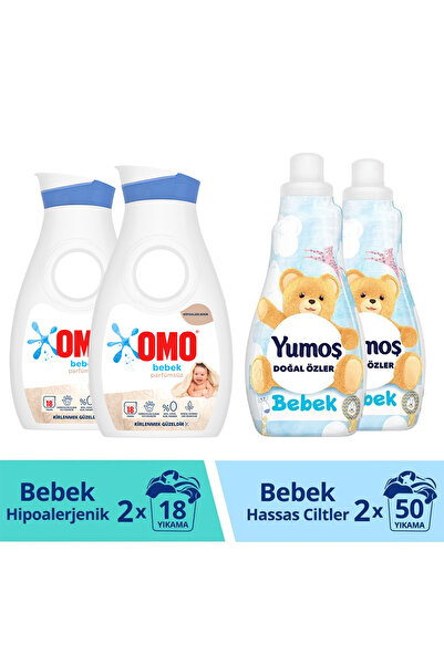 Omo Yumoş Doğal Özler Çamaşır Yumuşatıcısı Bebek 1200 ml x2 + Omo Bebek Sıvı ...