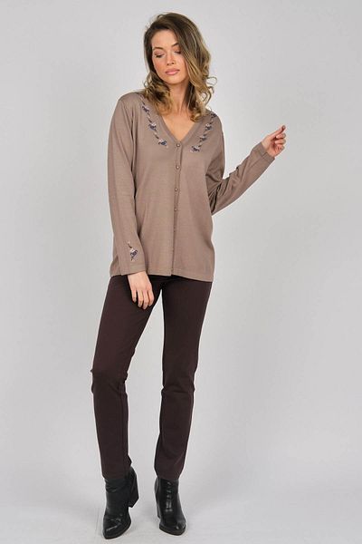 Desen Triko Women's Embroidered V-Neck Cardigan 0245324 Mink