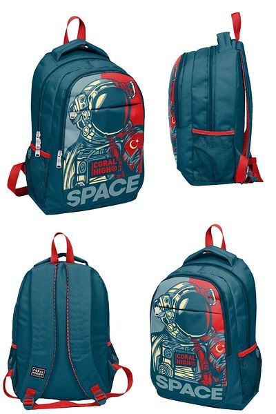 Coral High Indigo Red Astronaut Patterned Three Compartment School Backpack Lunch Bag Pencil Bag Set of 3