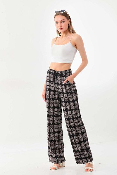 Sistas Women's Waist-Tied Patterned Comfortable Form Trousers 23397 Black
