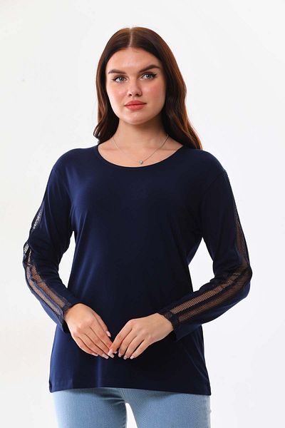 Sistas Women's Sleeves Mesh Crew Neck Long Sleeve Blouse 20162 Navy Blue