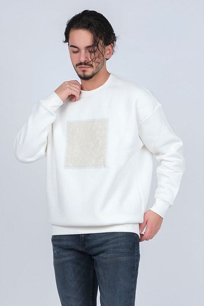 JSCO Men's Patterned Crew Neck Sweatshirt 6609900 Ecru