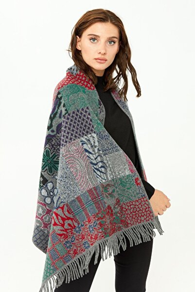 Desen Triko Women's Patchwork Patterned Pure Wool Shawl 02421143 Smoked