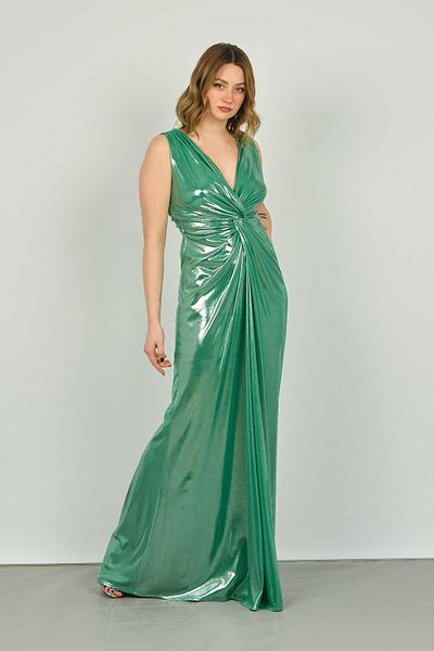 Saygın Rochie de seară lungă, strălucitoare, cu bretele largi, cu talie drapată, parte 3479 Benetton