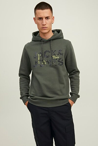 Jack & Jones Ανδρικό φούτερ με στάμπα με κουκούλα 63412216242 Χακί