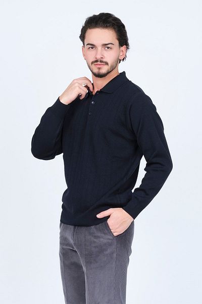 Woolen World Мъжки плетен вълнен пуловер с шарена поло яка 5597141 Тъмносин