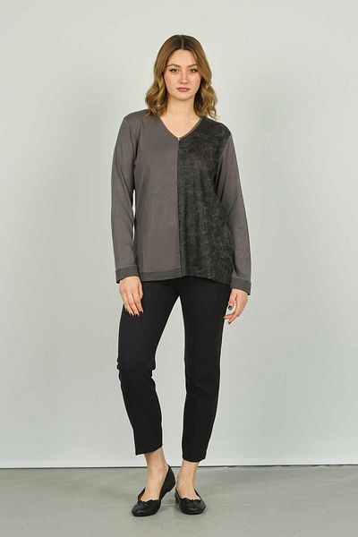 Detay Triko Women's V-Neck Patterned Long Sleeve Blouse 4552 Gray