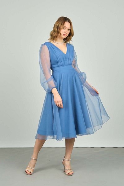 DORİDORCA Doridorca Women's Sleeves and Skirt Tulle V-Neck Midi Length Evening Dress 3037 Indigo