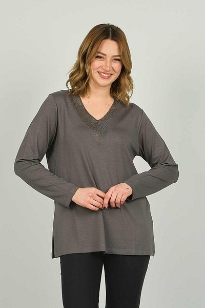 Detay Triko Women's V-Neck Stone Decorated Long Sleeve Blouse 4588 Gray