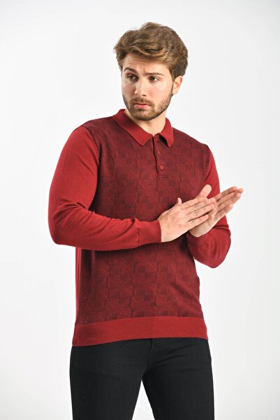 Çizgi Triko Men's Polo Neck Cotton Knitwear Sweater 4445f Claret Red