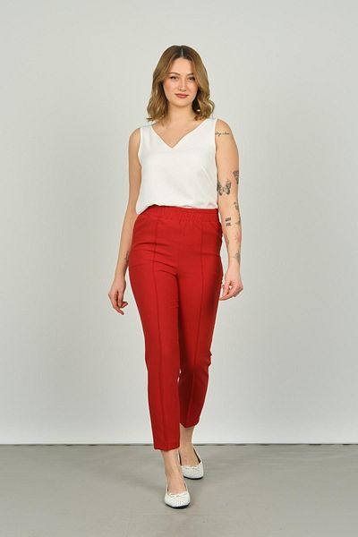 F&A Textile Women's Ankle Length Front Line Stitching Skinny Fit Trousers 6000 Red