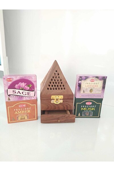 Hem Ahşap Konik Buhur Tütsü Yakma Kutusu Ve 4 Paket ( 40 Adet ) Sandal Konik