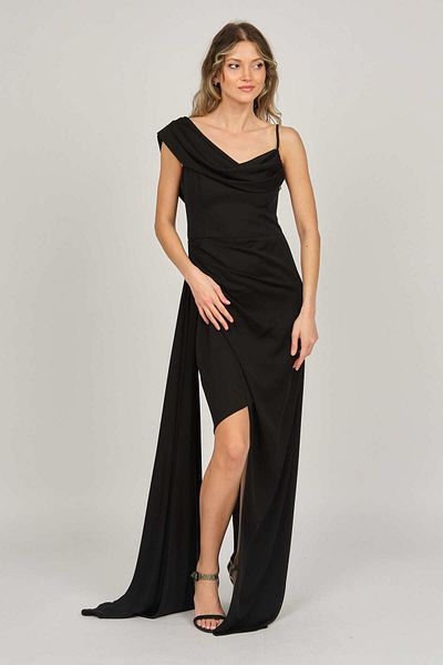 DORİDORCA Women's One Shoulder Detailed Evening Dress 5924030 Black