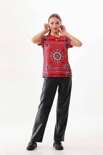 Sistas Women's Patterned Window Detailed Short Sleeve Blouse 23145 Red