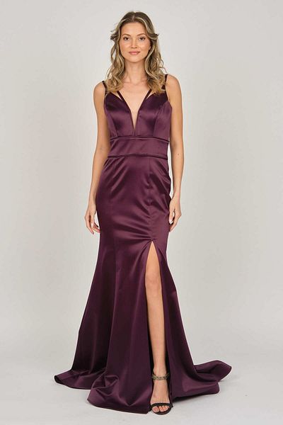 ŞEREF VURAL Women's Satin Strap Evening Dress 5437771 Plum
