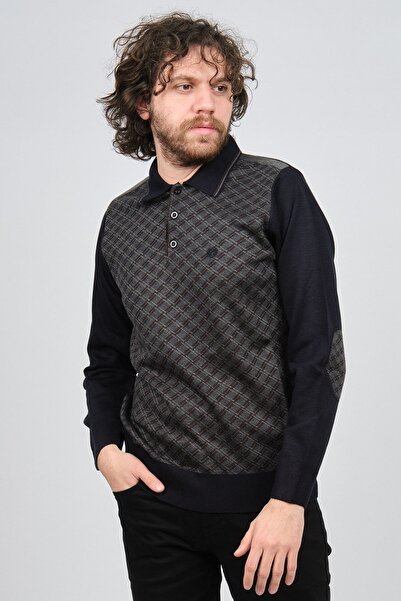 Pelikan Чоловічий светр з поло з візерунком на ліктях і коміром-поло 1577423 Темно-синій