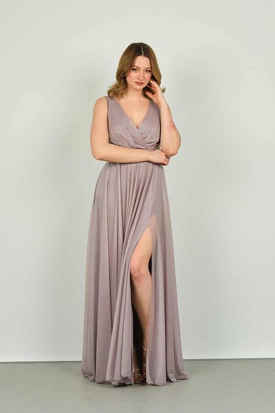 DORİDORCA Doridorca Women's Back Tie Detailed Glittered Long Evening Dress 1182 Mink