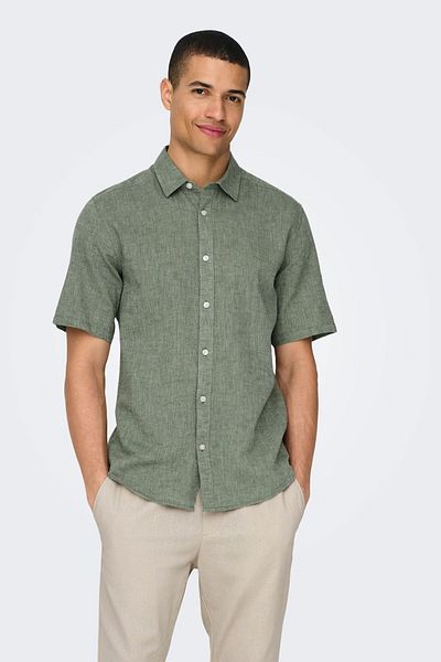 Only & Sons Ανδρικό λινό πουκάμισο Khaki - Onscaiden, Slim Fit, κοντό μανίκι 22009885