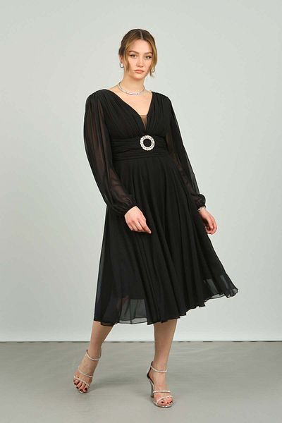 Dans Women's Sleeves Tulle Deep V Neck Evening Dress 1449 Black